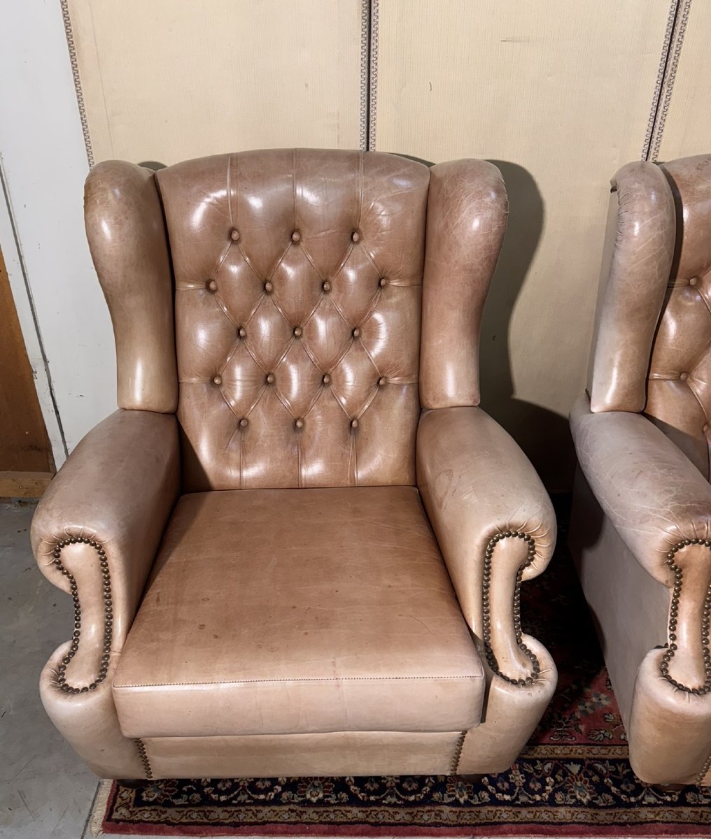 Pair Of Chesterfield Leather Wingback Armchairs-photo-5