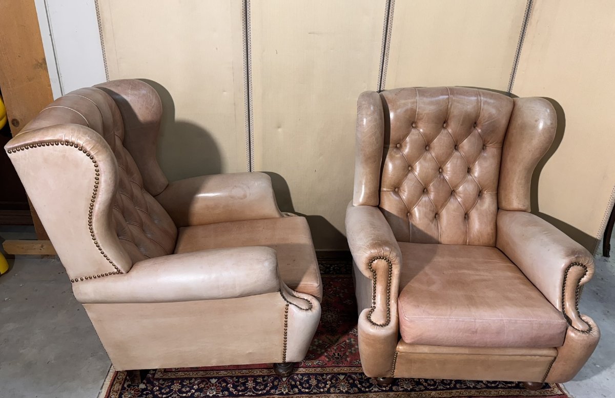 Pair Of Chesterfield Leather Wingback Armchairs-photo-6