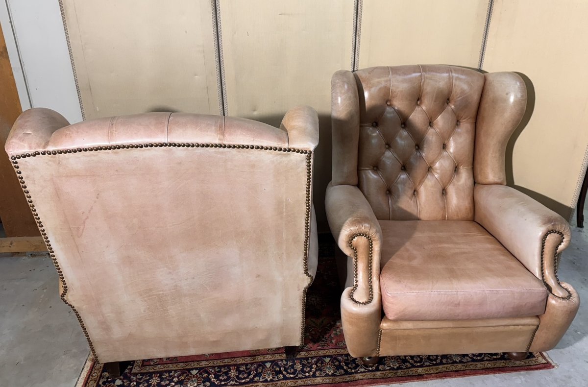 Pair Of Chesterfield Leather Wingback Armchairs-photo-7