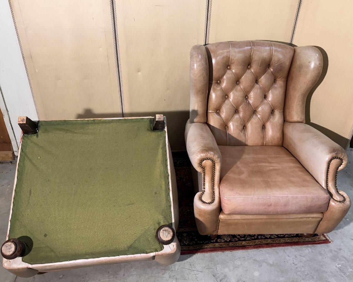 Pair Of Chesterfield Leather Wingback Armchairs-photo-8