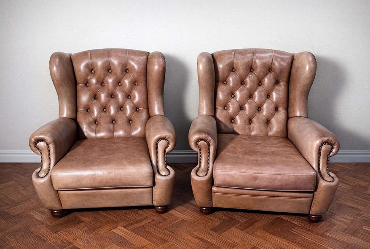 Pair Of Chesterfield Leather Wingback Armchairs