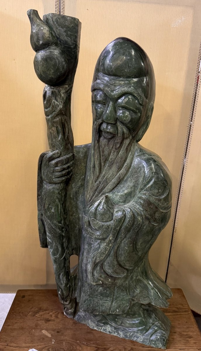 Monumental Chinese Nephrite Jade Sculpture: Shou Lao With The Staff Of Wisdom / 110 Cm-photo-1