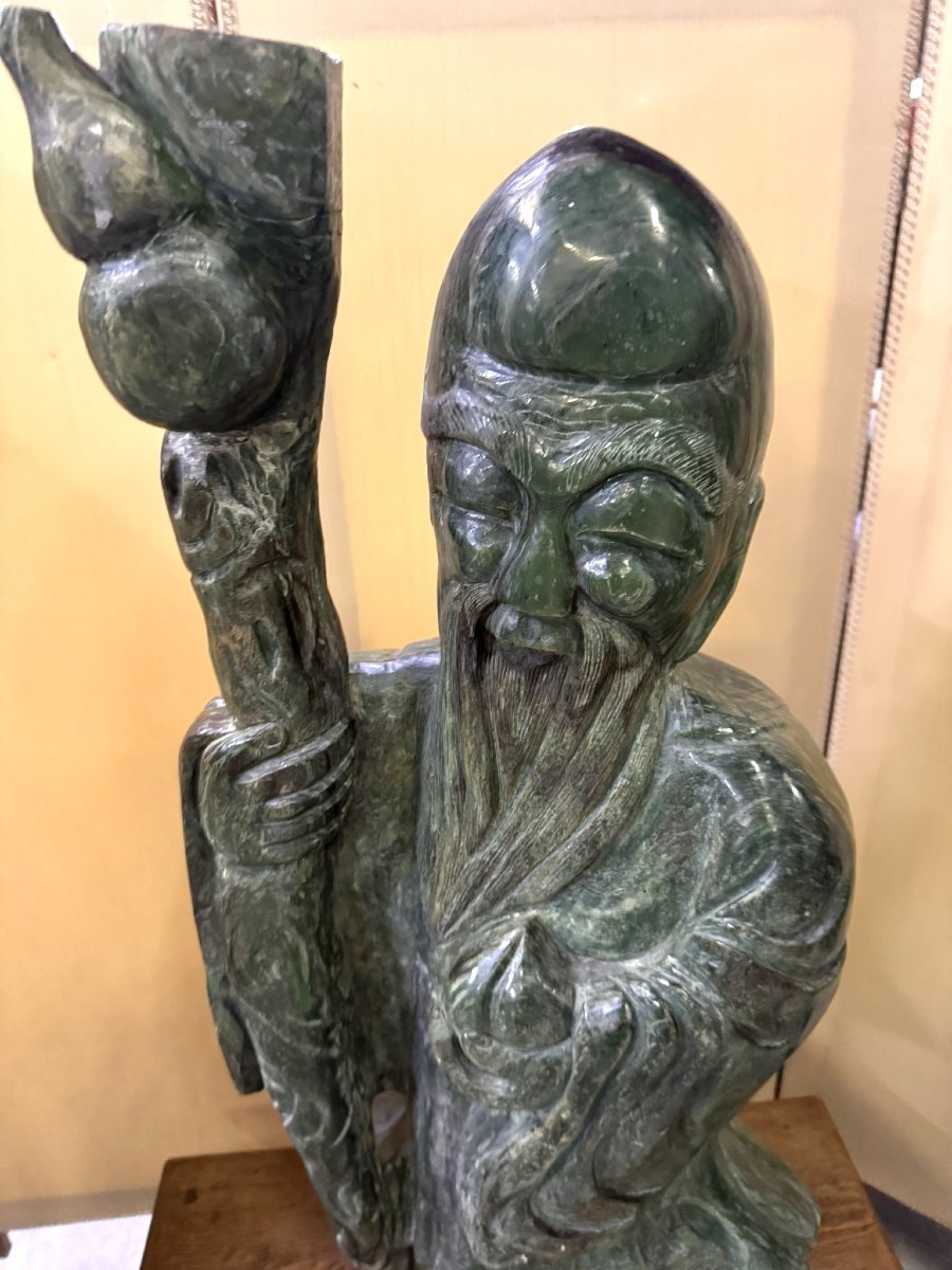 Monumental Chinese Nephrite Jade Sculpture: Shou Lao With The Staff Of Wisdom / 110 Cm-photo-3