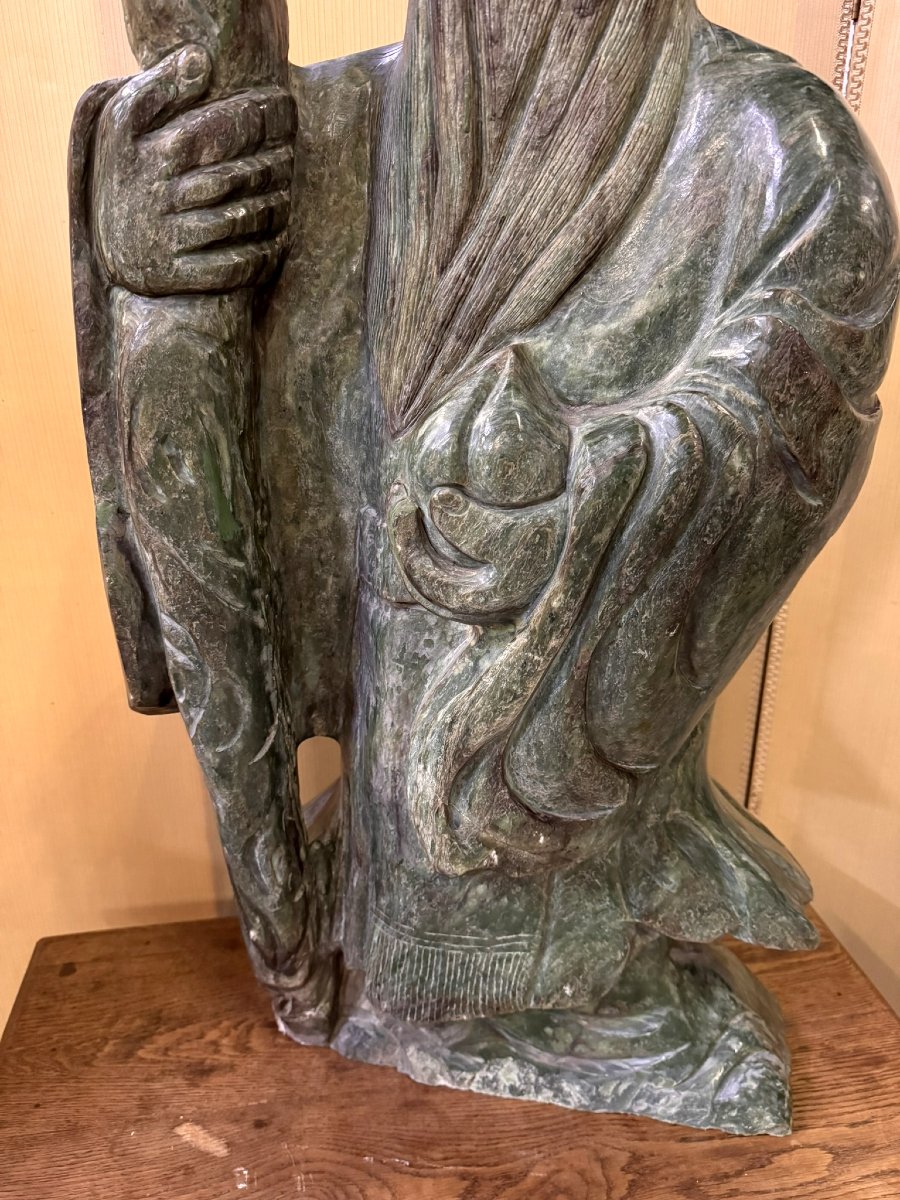 Monumental Chinese Nephrite Jade Sculpture: Shou Lao With The Staff Of Wisdom / 110 Cm-photo-5
