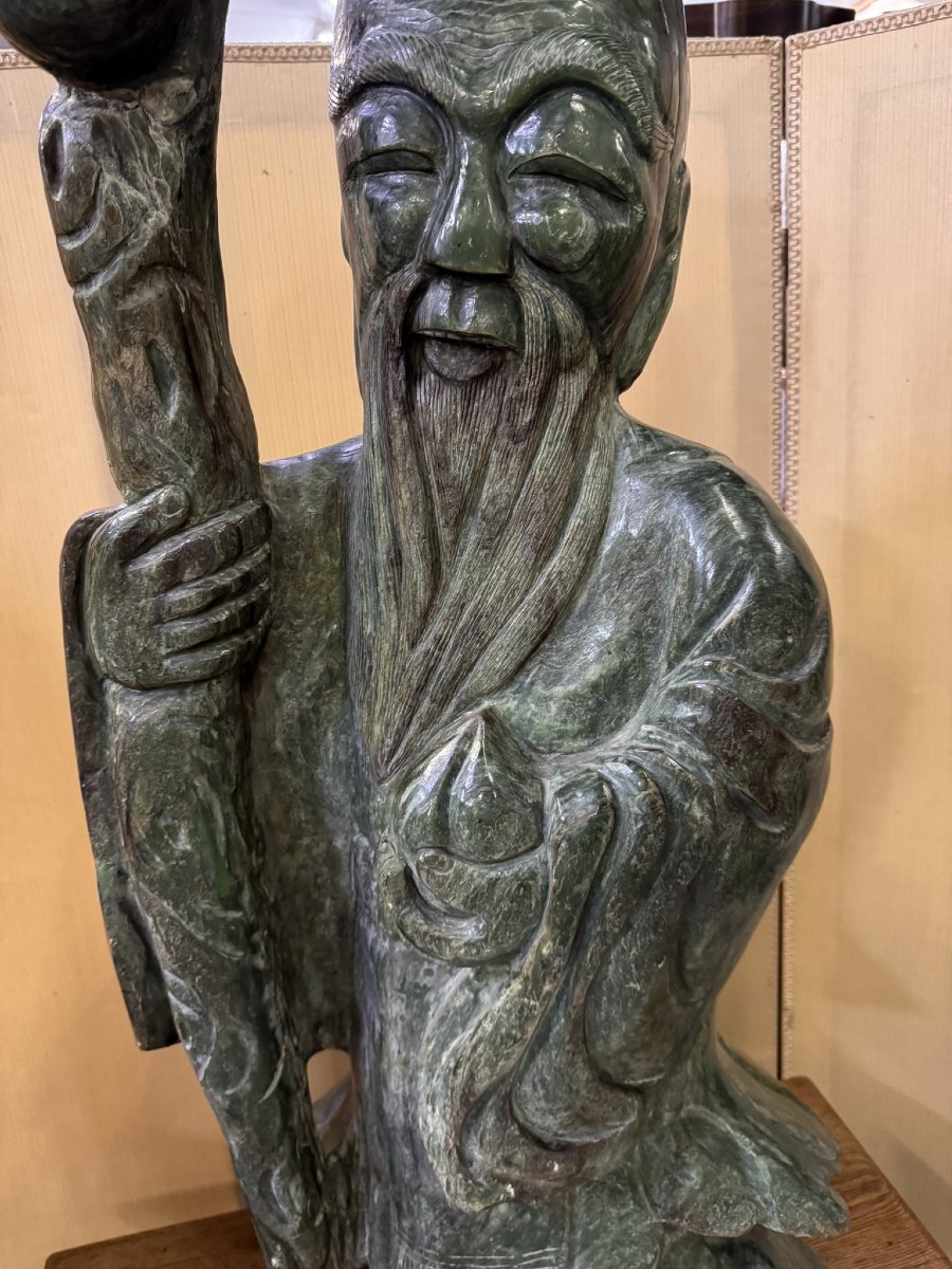 Monumental Chinese Nephrite Jade Sculpture: Shou Lao With The Staff Of Wisdom / 110 Cm-photo-6