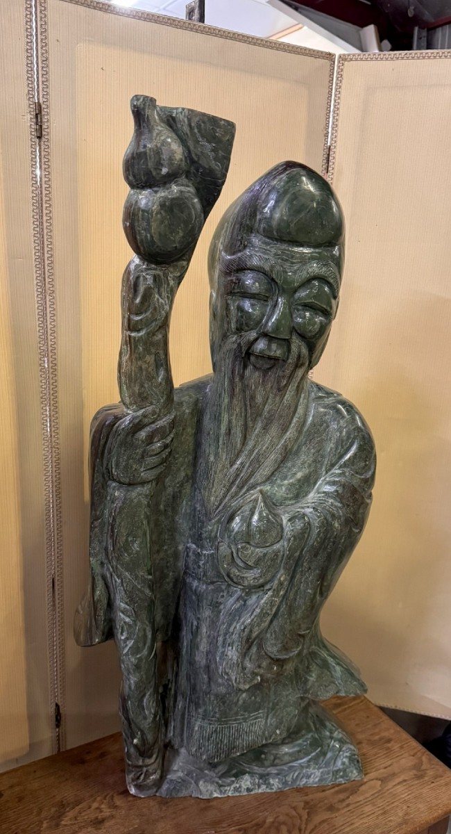 Monumental Chinese Nephrite Jade Sculpture: Shou Lao With The Staff Of Wisdom / 110 Cm