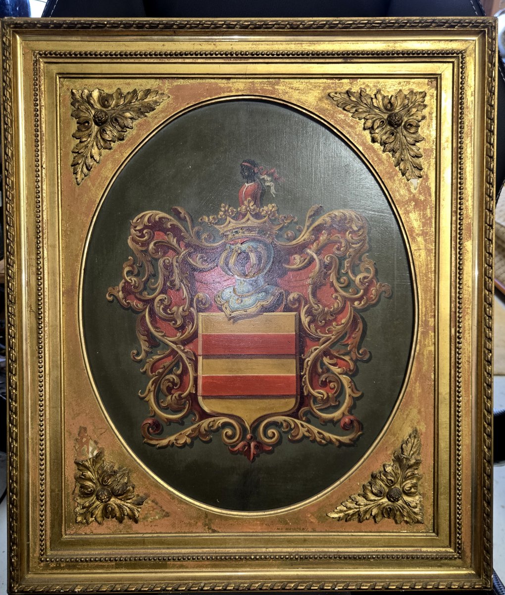 Tableau XIXeme : huile sur panneau aux armoiries-photo-1