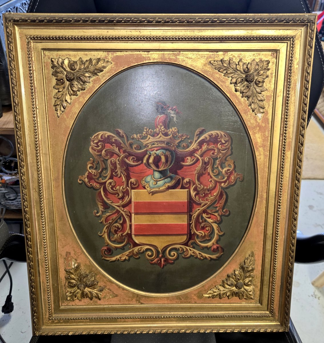 Tableau XIXeme : huile sur panneau aux armoiries-photo-2