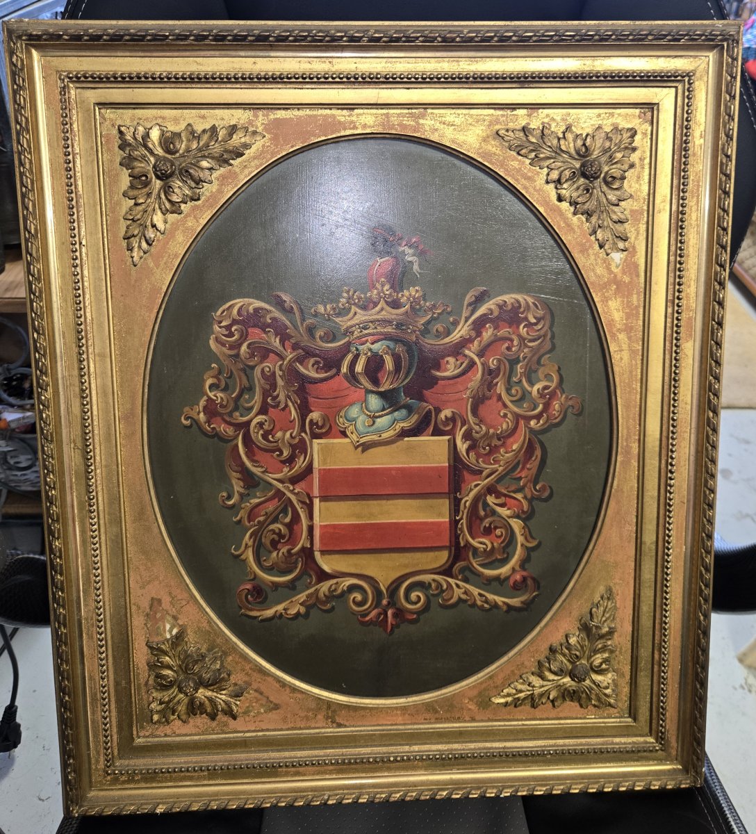 Tableau XIXeme : huile sur panneau aux armoiries-photo-4