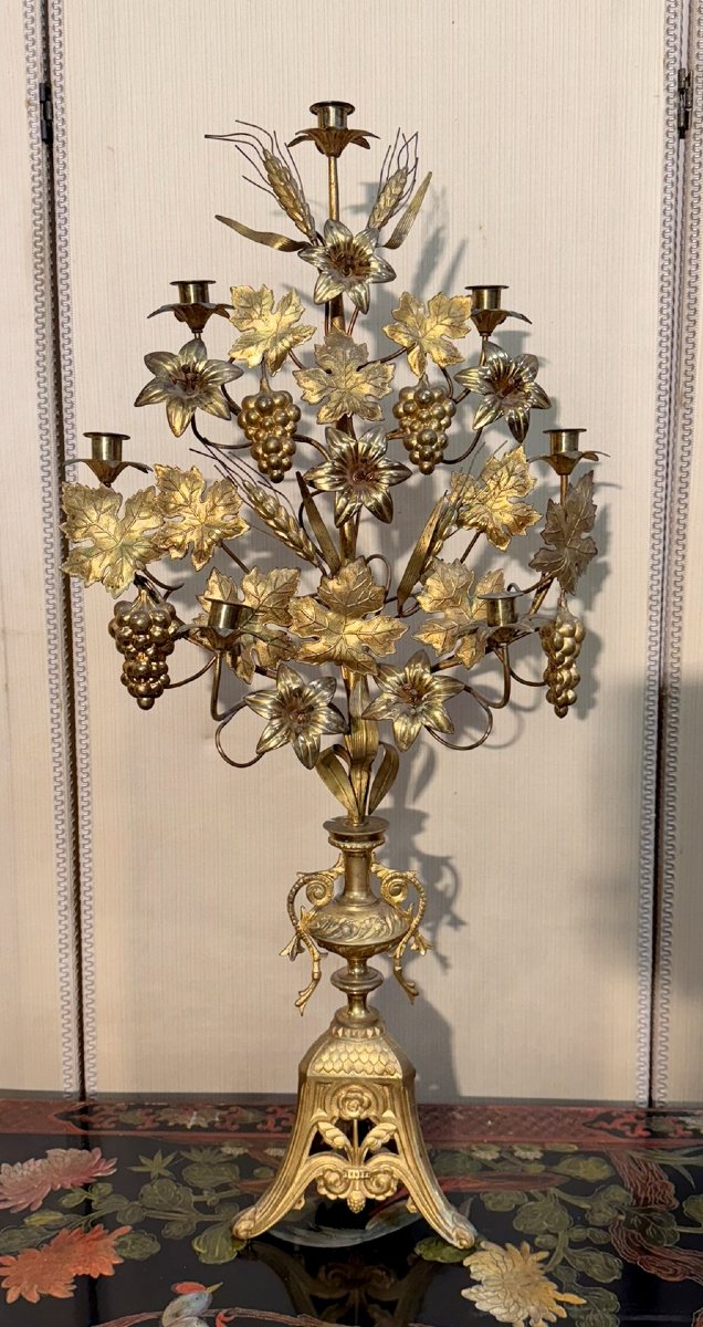 Large 7-light Altar Candelabra In Gilded Bronze-photo-1