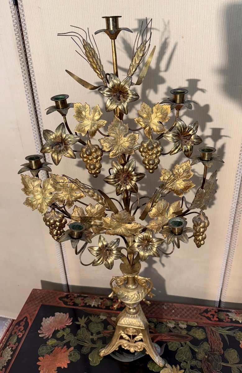 Large 7-light Altar Candelabra In Gilded Bronze-photo-2