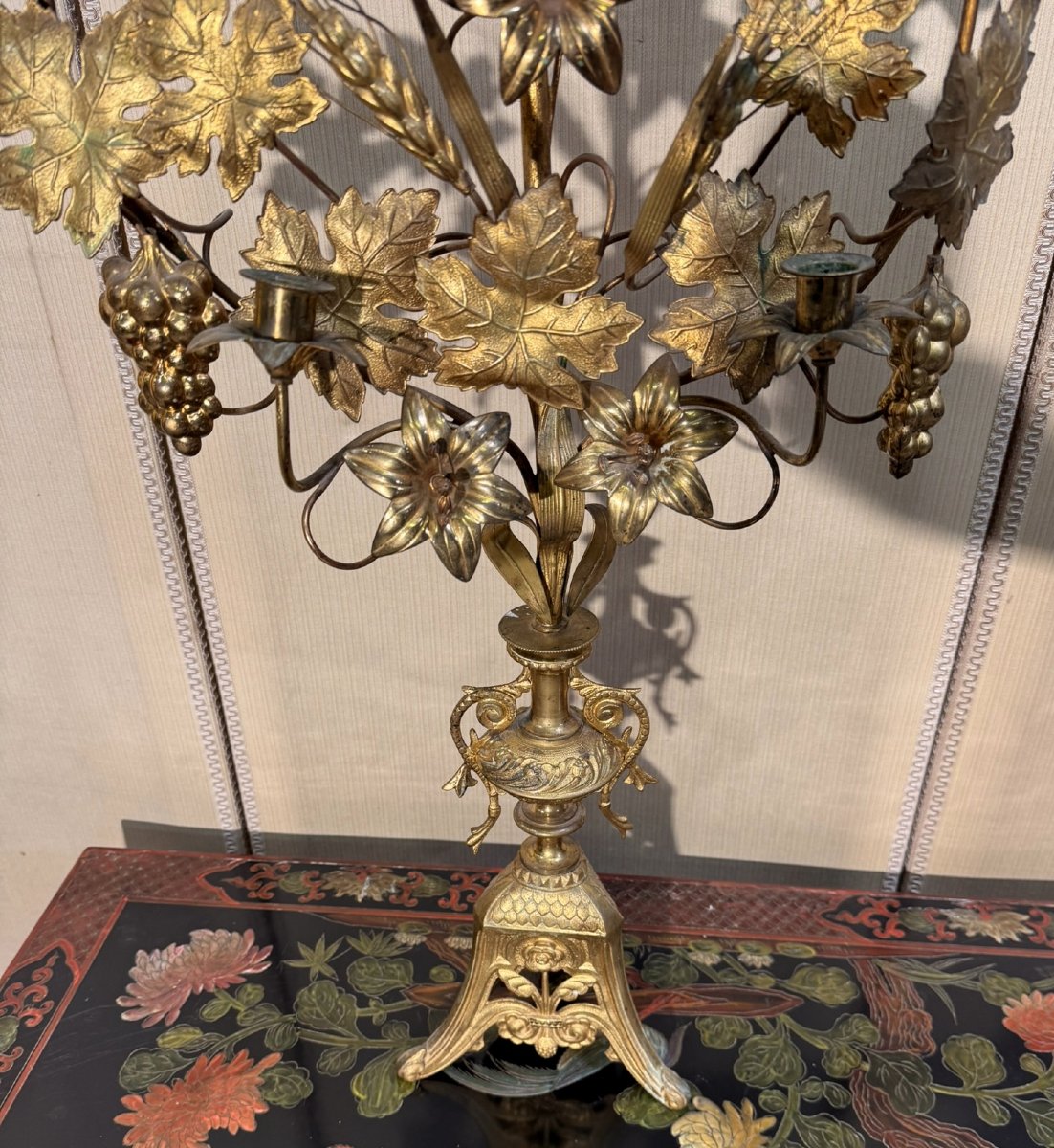 Large 7-light Altar Candelabra In Gilded Bronze-photo-3