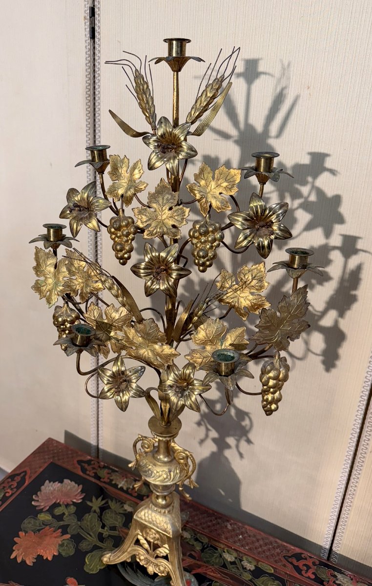Large 7-light Altar Candelabra In Gilded Bronze-photo-4