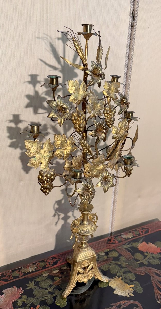 Large 7-light Altar Candelabra In Gilded Bronze-photo-5