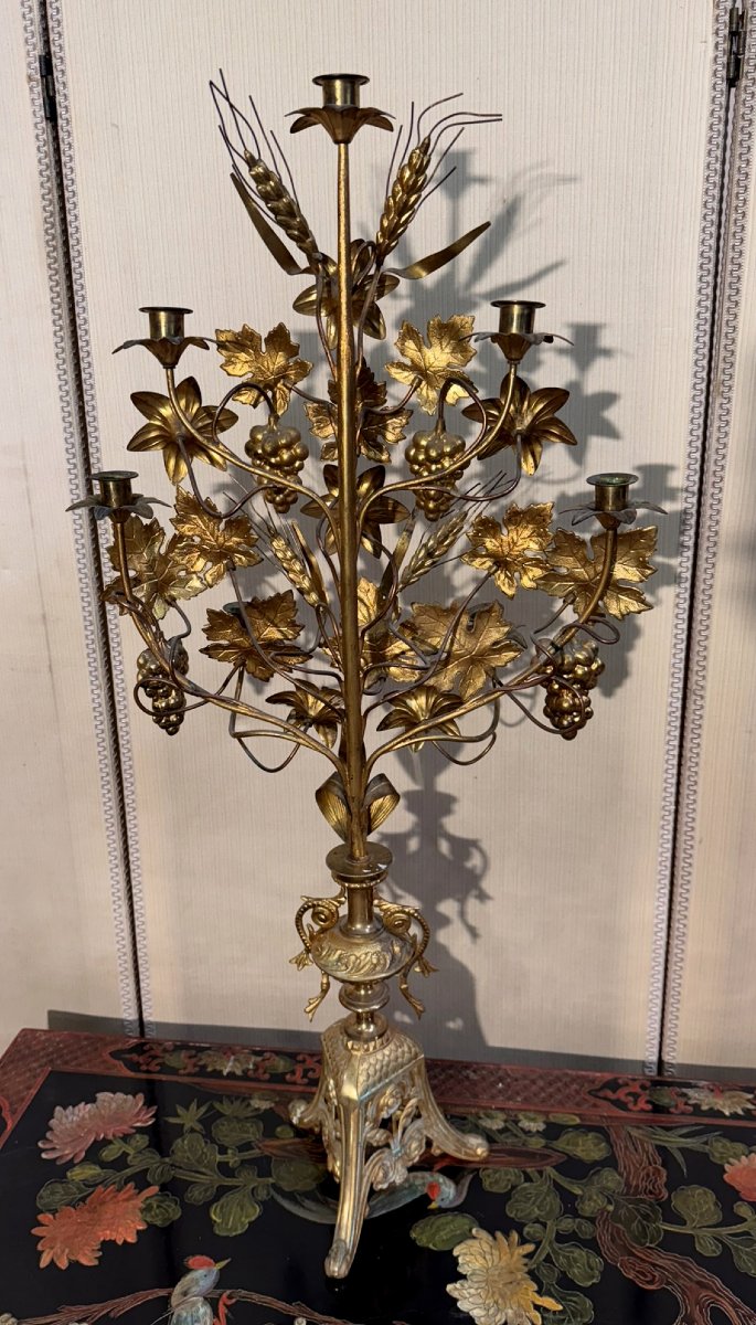 Large 7-light Altar Candelabra In Gilded Bronze-photo-7
