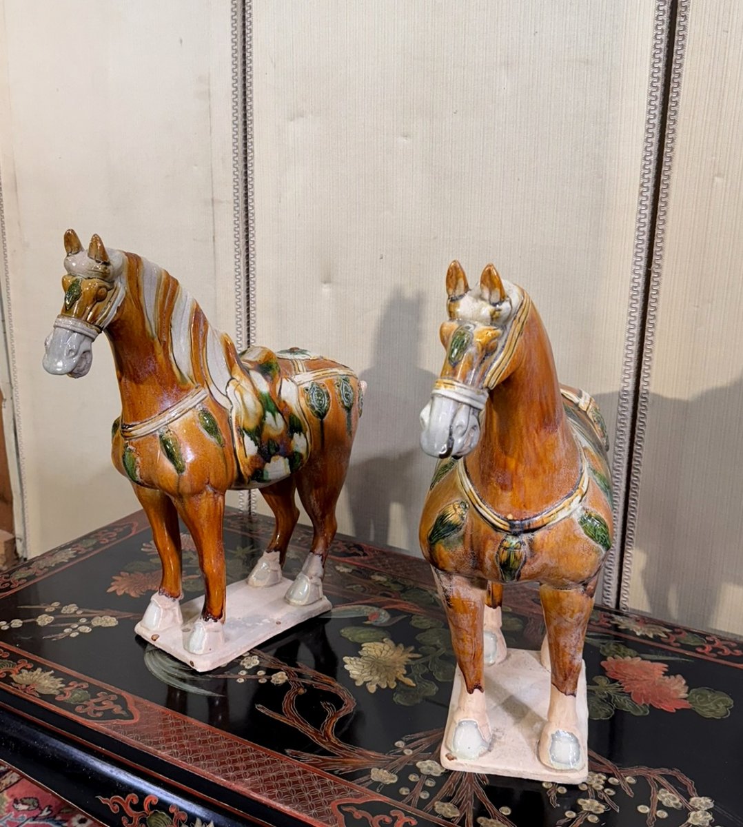 China, Tang Style: Two Horses In Polychrome Glazed Ceramic-photo-2