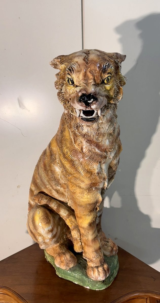 Très grand tigre en céramique émaillée époque Art Déco / haut 90 cm-photo-3
