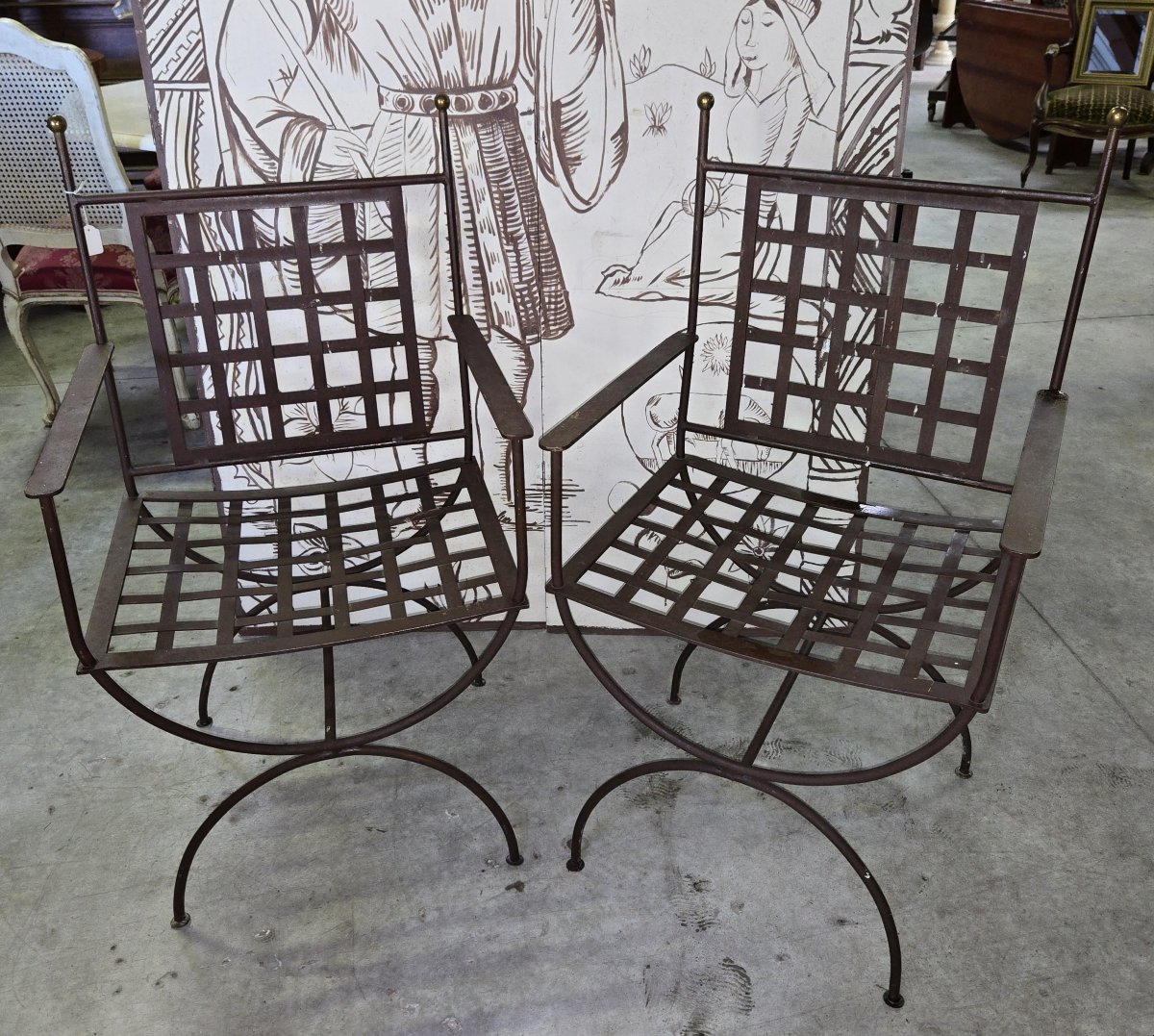 Pair Of Neoclassical Style Curule Armchairs In Woven Iron-photo-1