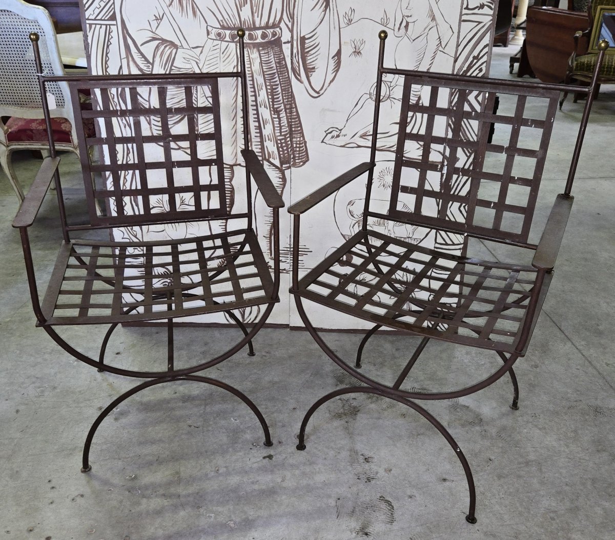Pair Of Neoclassical Style Curule Armchairs In Woven Iron-photo-2