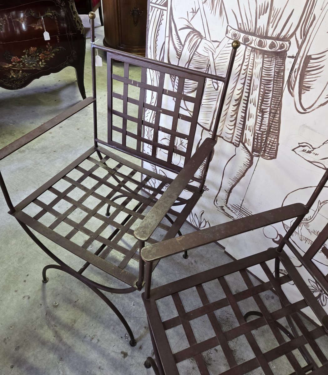 Pair Of Neoclassical Style Curule Armchairs In Woven Iron-photo-6