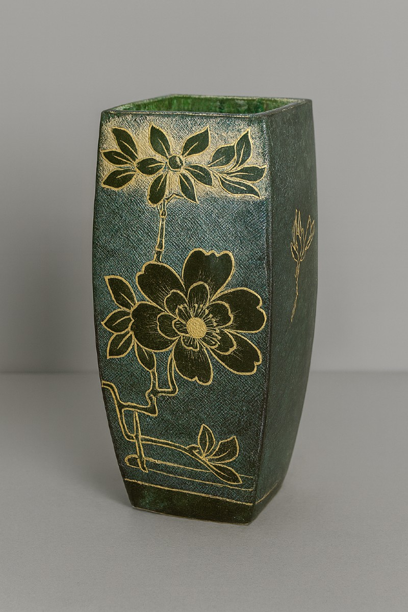 After Legras Montjoye Gallé: Rare Gold Enamelled Vase On A Green Background