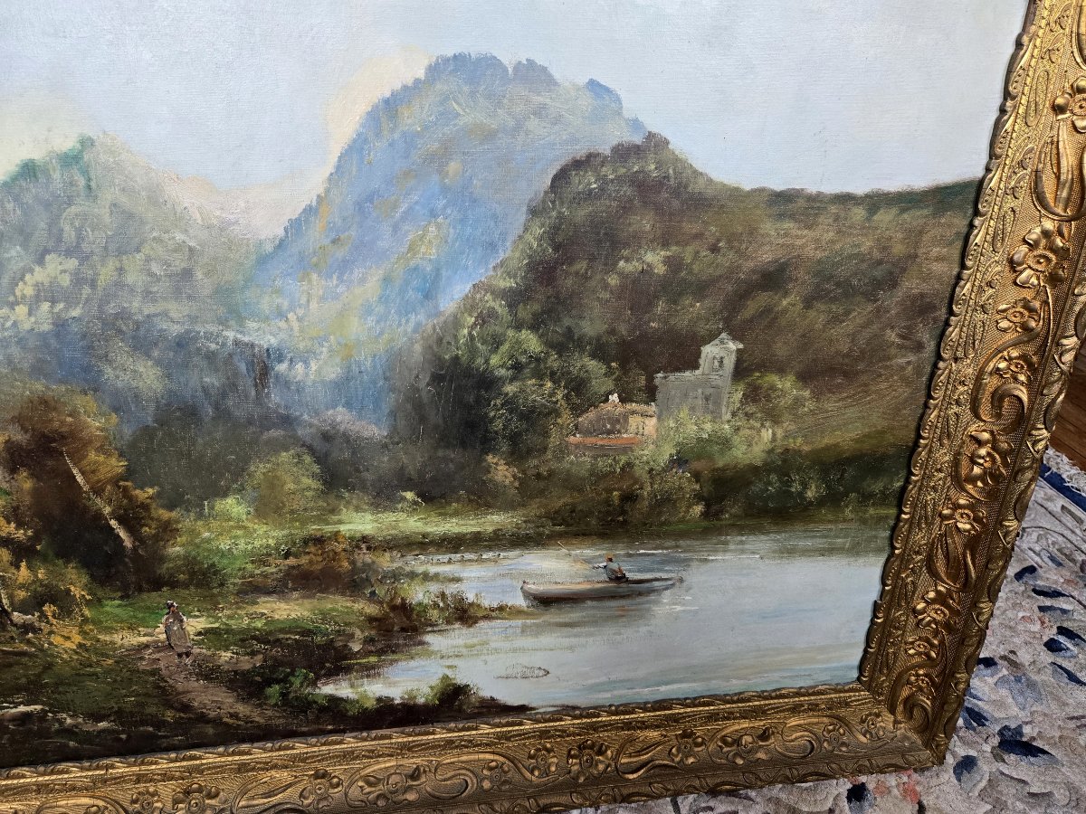 Emile Godchaux 1880 : trés grande huile sur toile paysage lacustre-photo-3