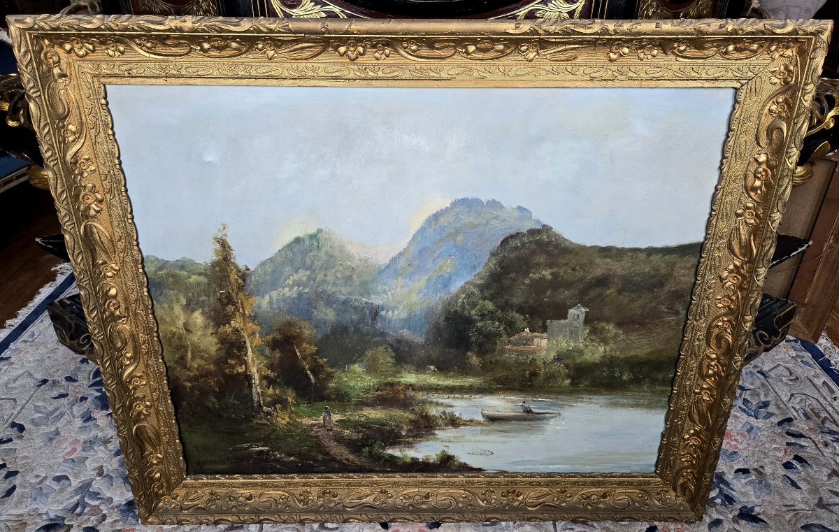 Emile Godchaux 1880 : trés grande huile sur toile paysage lacustre-photo-4