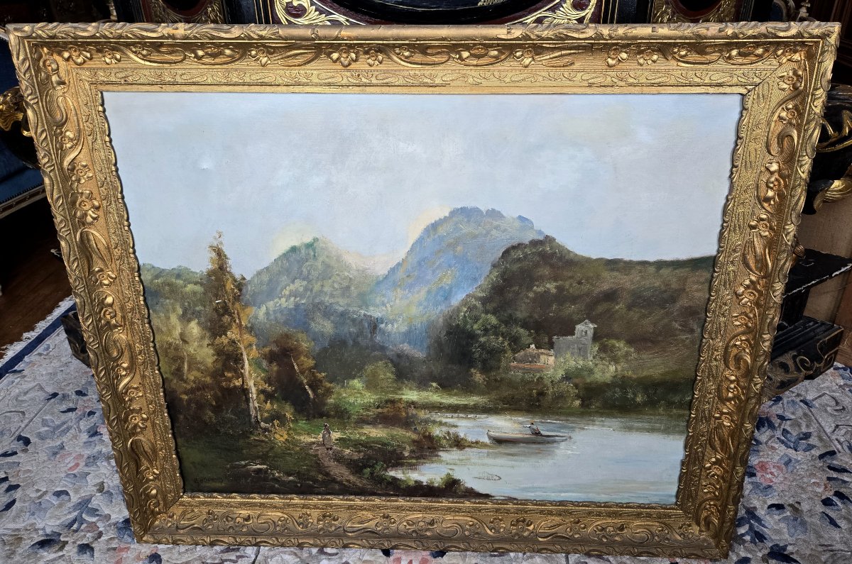 Emile Godchaux 1880 : trés grande huile sur toile paysage lacustre-photo-5