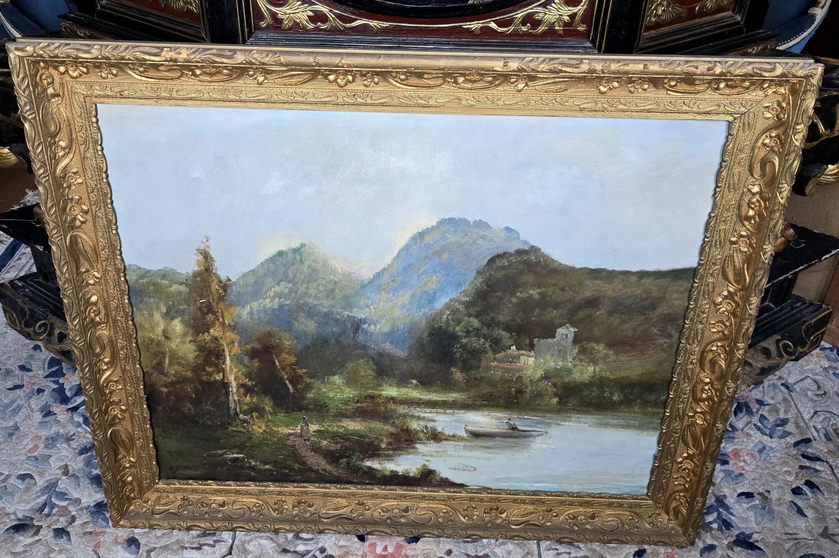 Emile Godchaux 1880 : trés grande huile sur toile paysage lacustre-photo-6