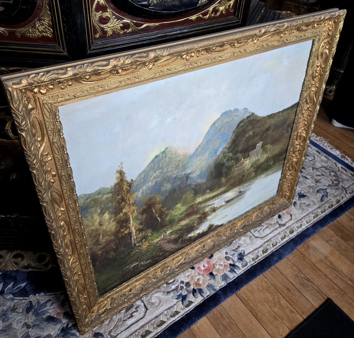 Emile Godchaux 1880 : trés grande huile sur toile paysage lacustre-photo-7