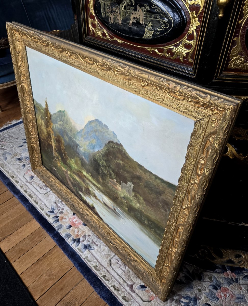 Emile Godchaux 1880 : trés grande huile sur toile paysage lacustre-photo-8