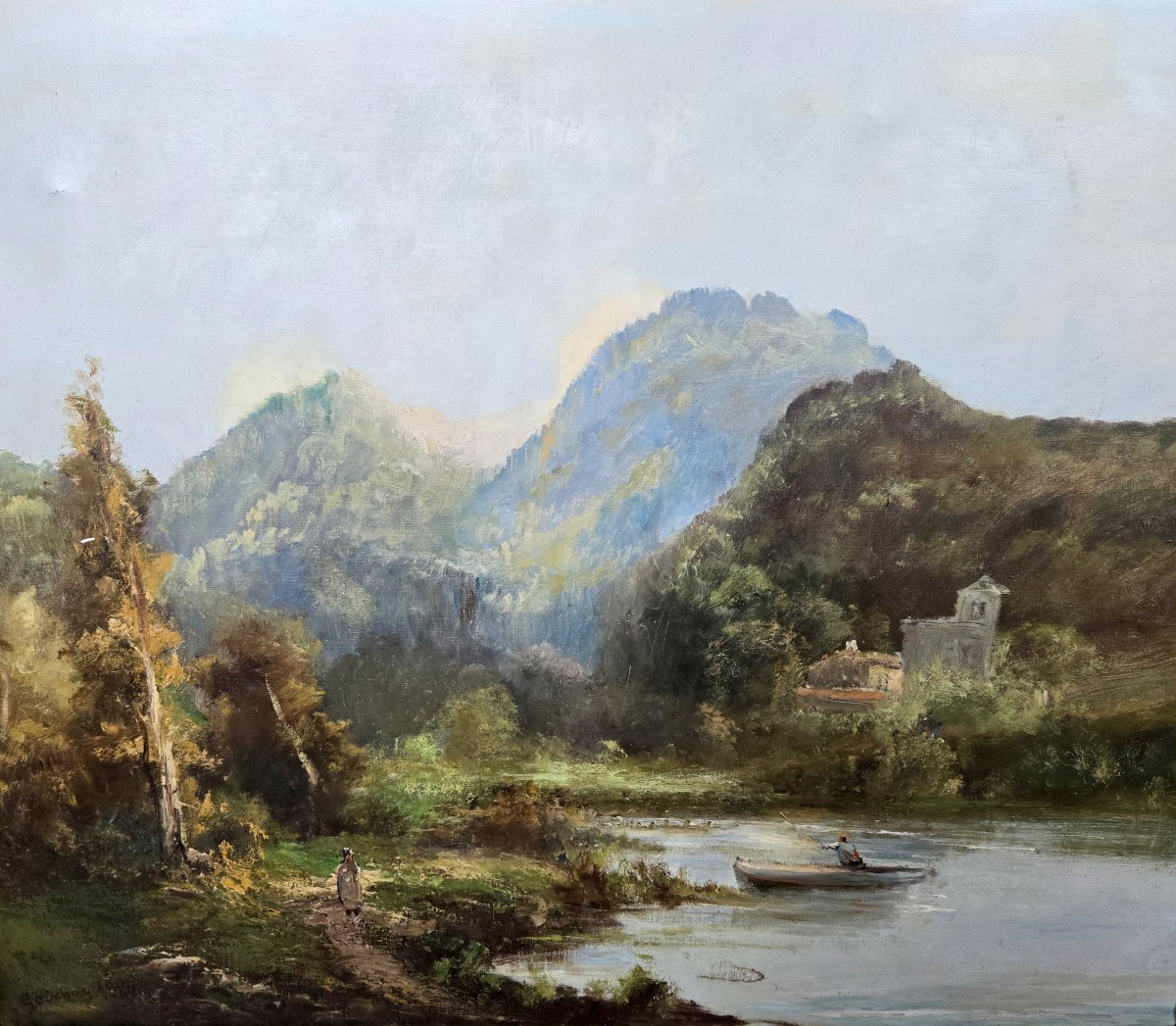 Emile Godchaux 1880 : trés grande huile sur toile paysage lacustre