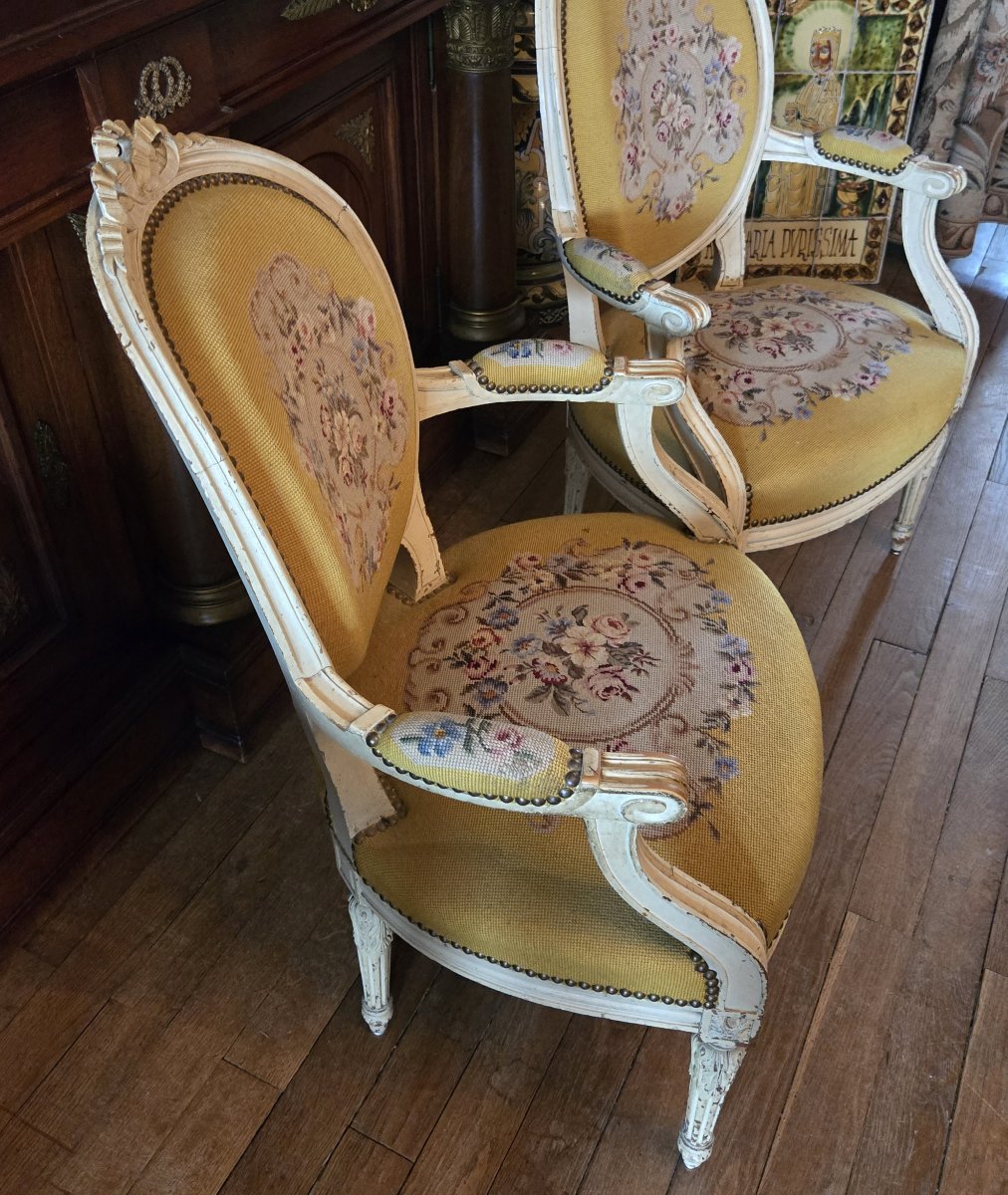 Paire de fauteuils Style Louis XVI avec tapisserie aux petits points-photo-6