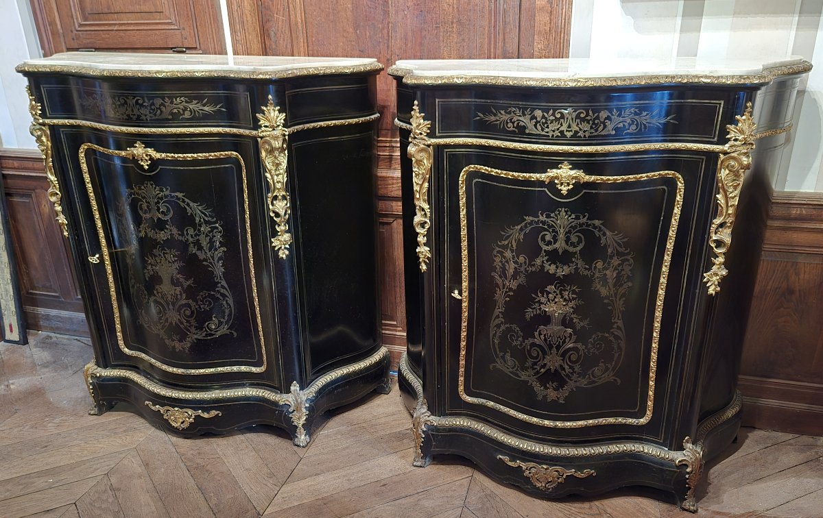 Paire de meubles d'appui "Boulle" galbés époque Napoléon III en incrustation de laiton doré-photo-5