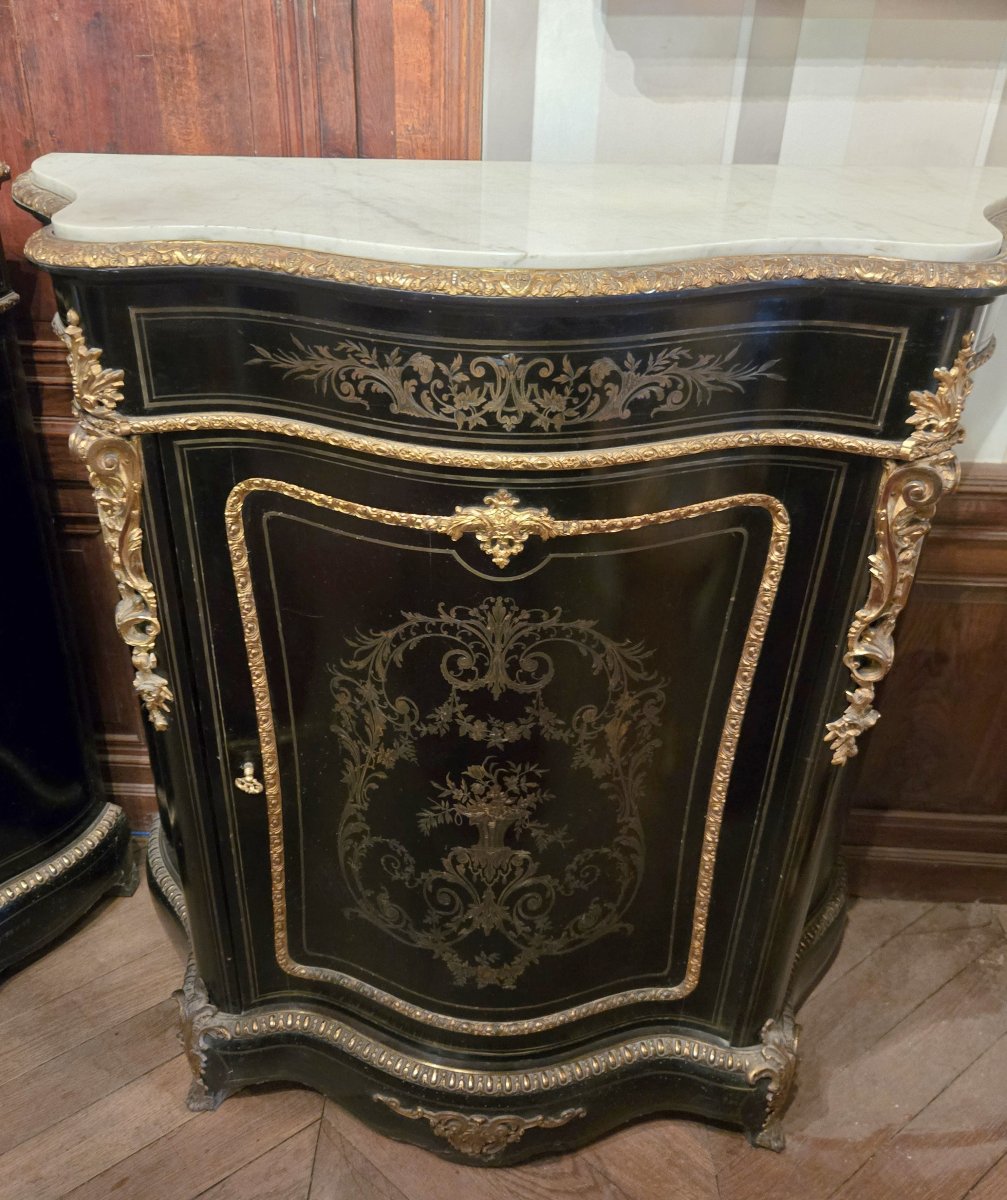 Paire de meubles d'appui "Boulle" galbés époque Napoléon III en incrustation de laiton doré-photo-6