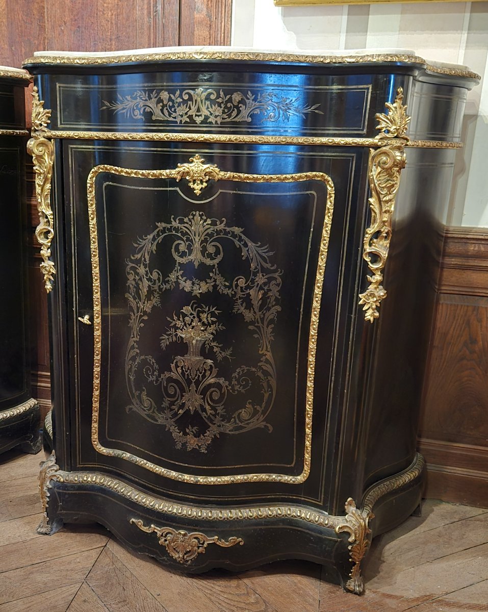 Paire de meubles d'appui "Boulle" galbés époque Napoléon III en incrustation de laiton doré-photo-7