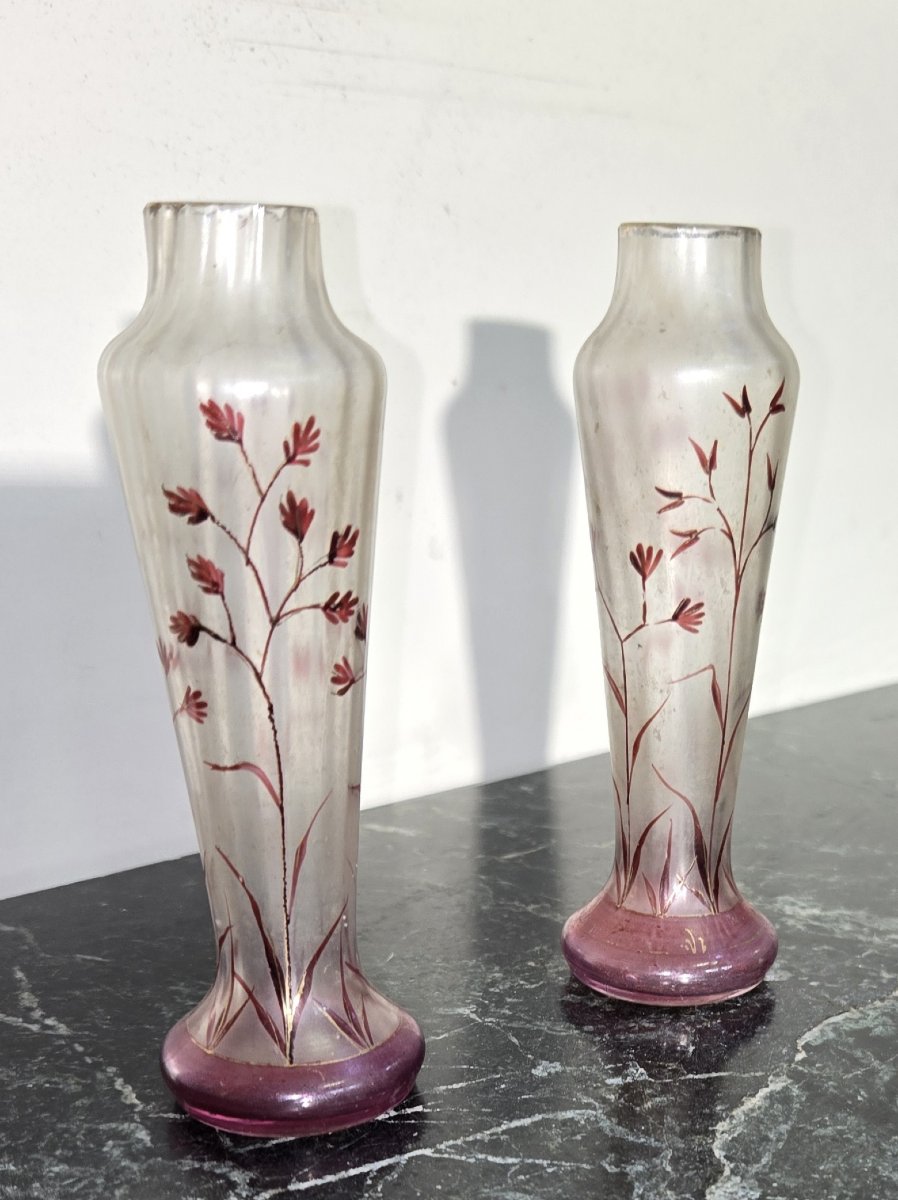 After Muller, Daum, Gallé, Nancy School, Pair Of Small Soliflore Vases-photo-1