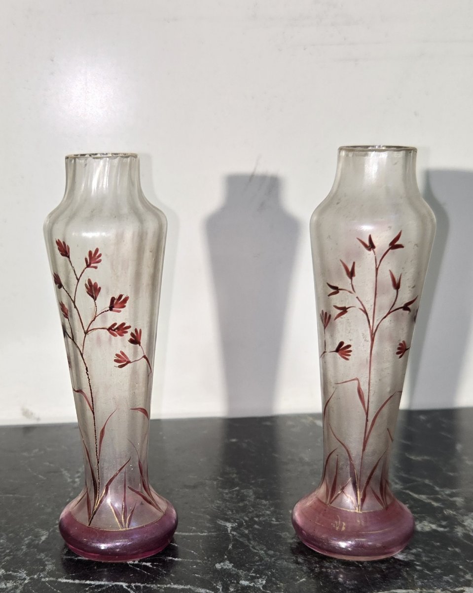 After Muller, Daum, Gallé, Nancy School, Pair Of Small Soliflore Vases-photo-2