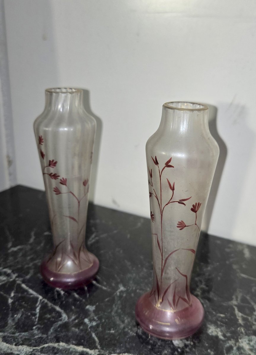 After Muller, Daum, Gallé, Nancy School, Pair Of Small Soliflore Vases-photo-3