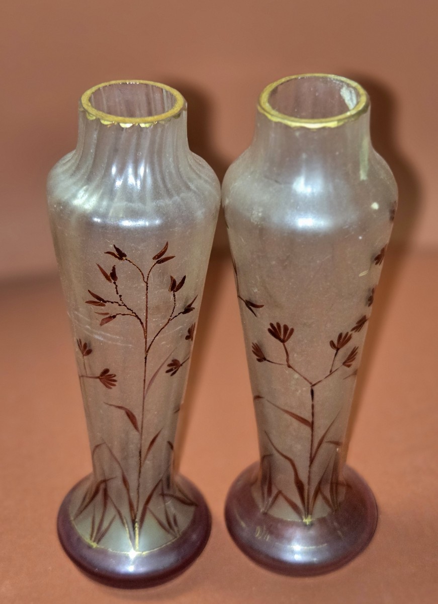 After Muller, Daum, Gallé, Nancy School, Pair Of Small Soliflore Vases