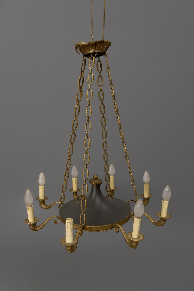 Large Bronze Empire Style 8-arm Dolphin Chandelier