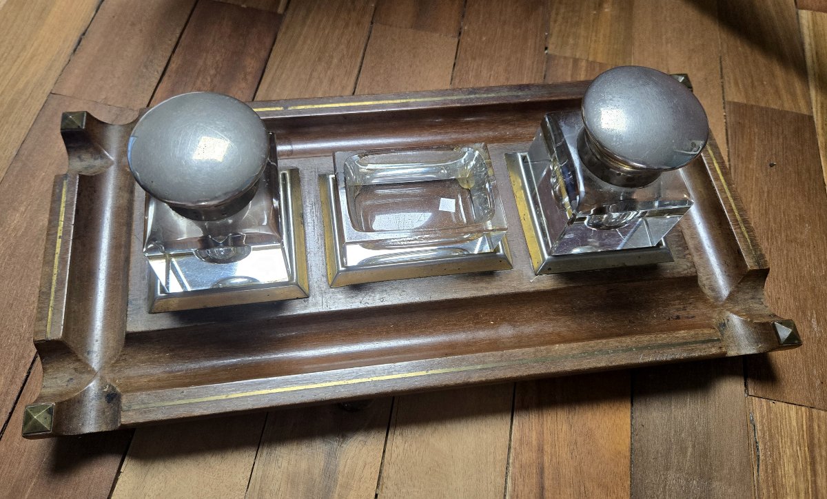 Encrier Anglais en acajou et filets de laiton doré -photo-1