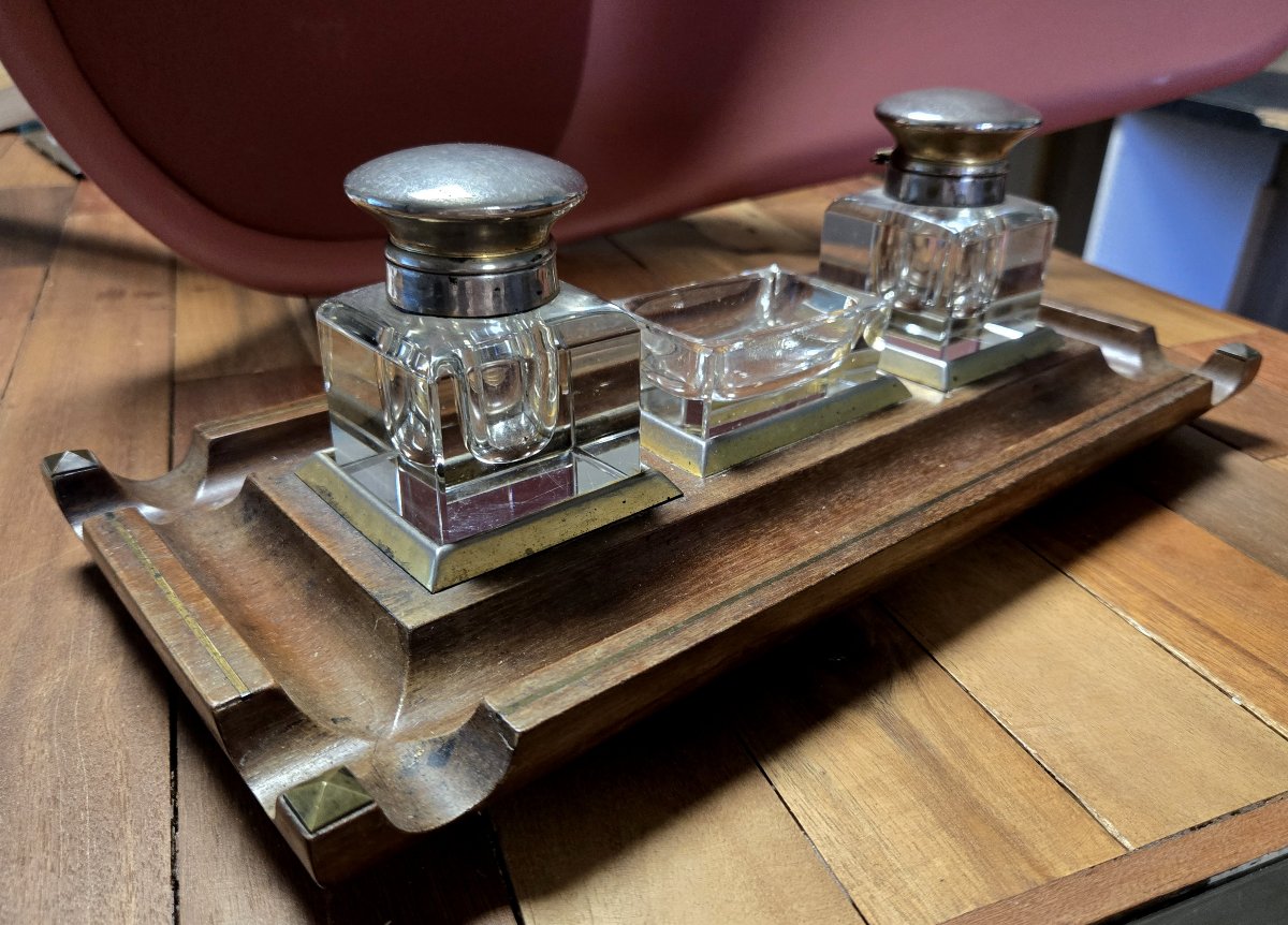 Encrier Anglais en acajou et filets de laiton doré -photo-2