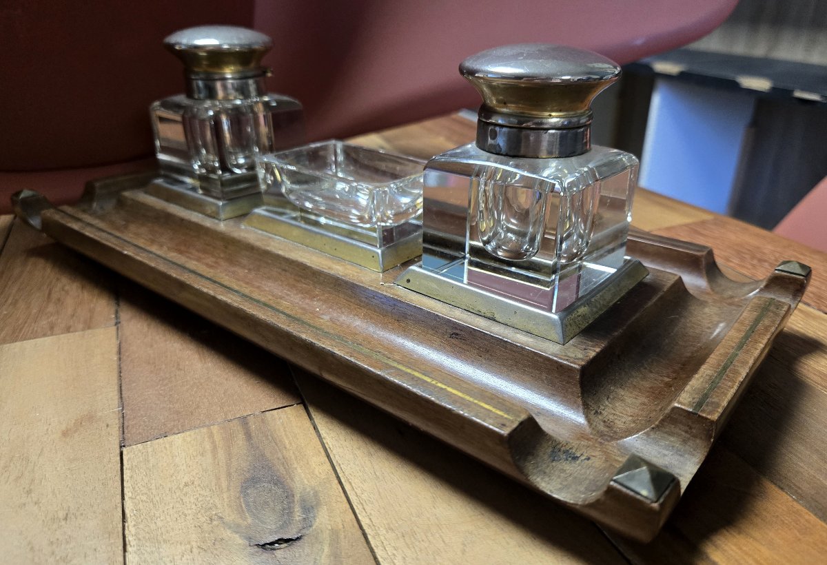 Encrier Anglais en acajou et filets de laiton doré -photo-3