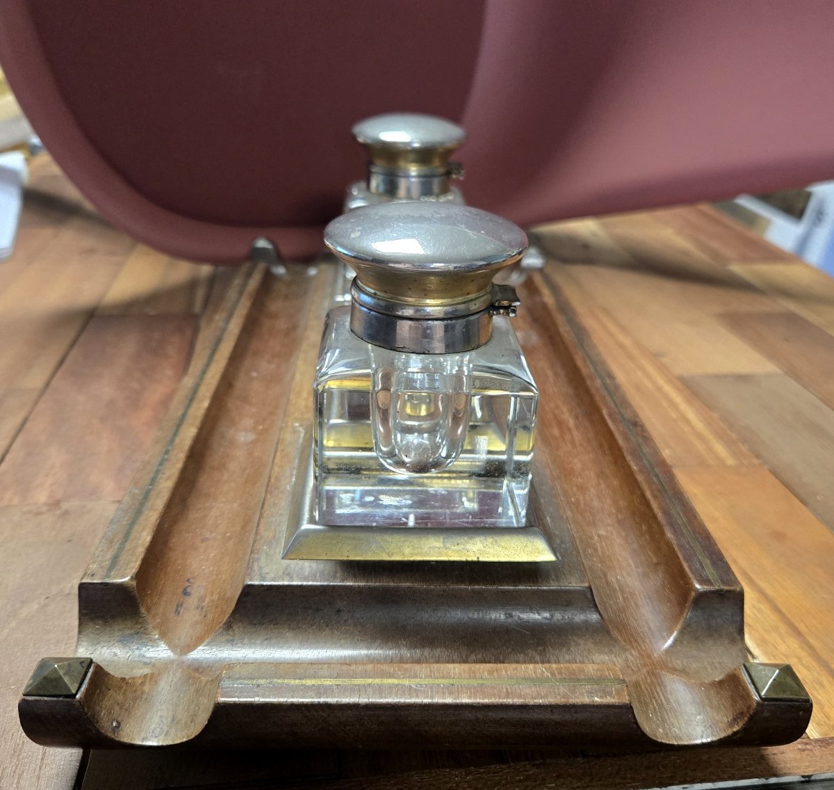 Encrier Anglais en acajou et filets de laiton doré -photo-4