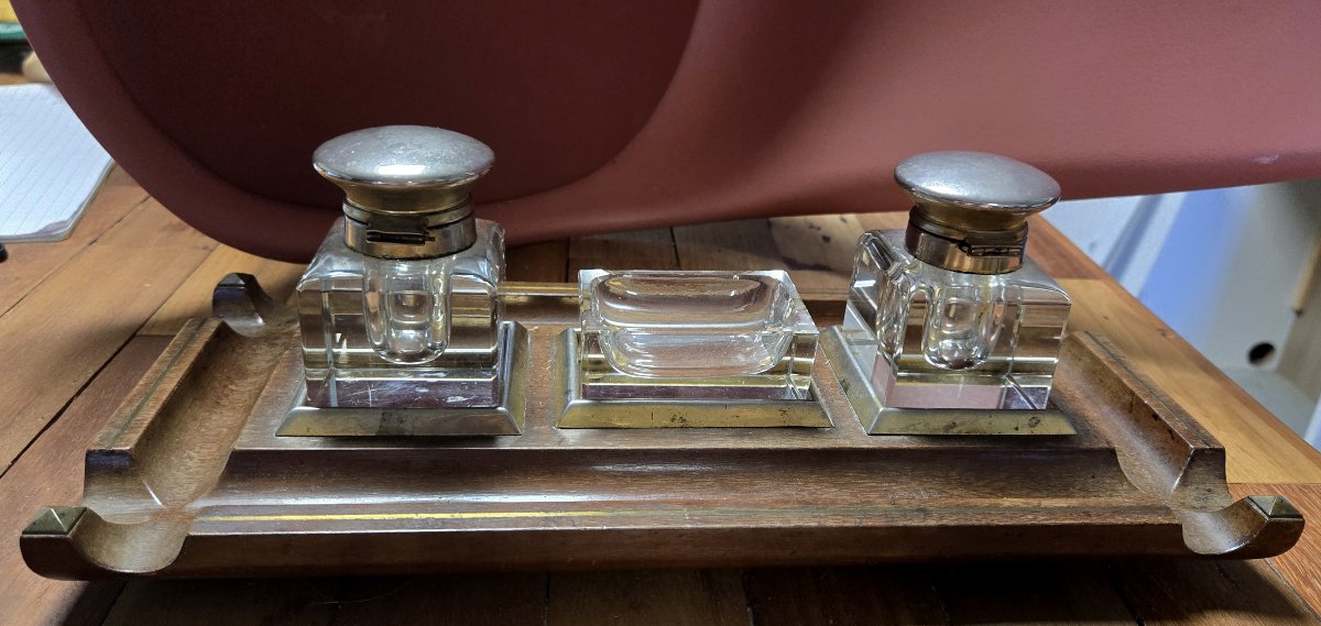 Encrier Anglais en acajou et filets de laiton doré -photo-5