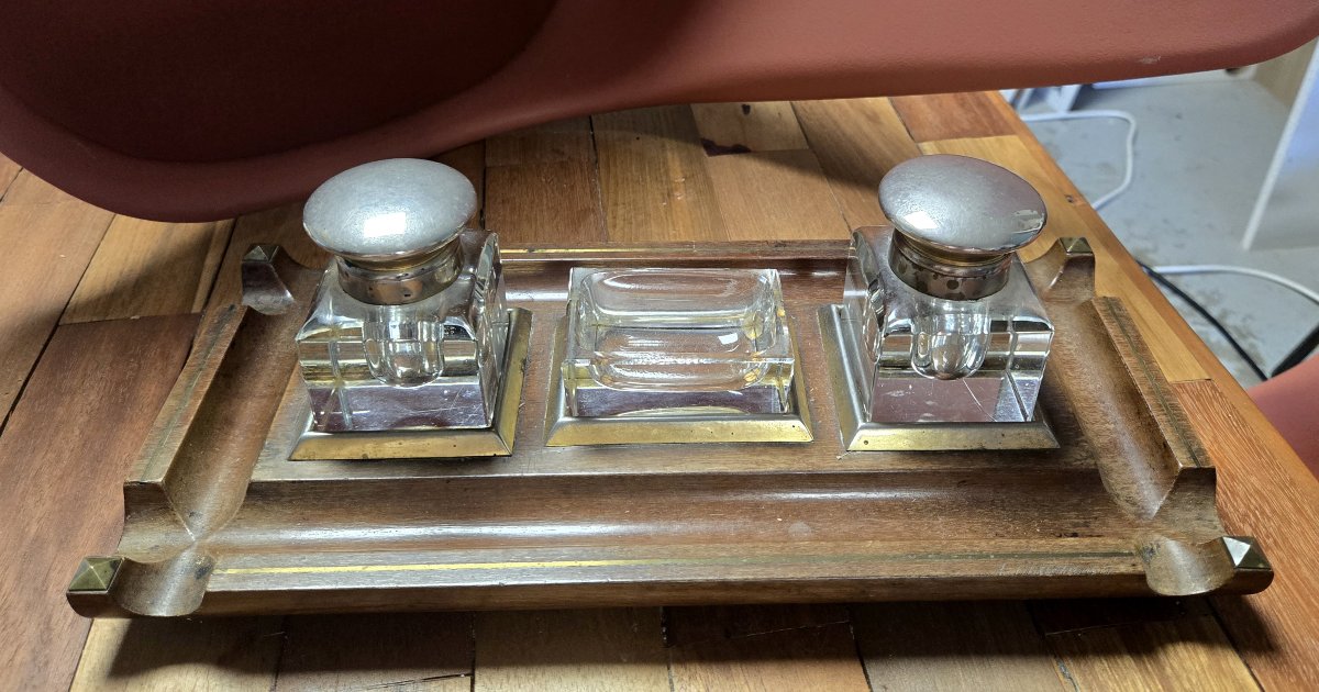 Encrier Anglais en acajou et filets de laiton doré -photo-6