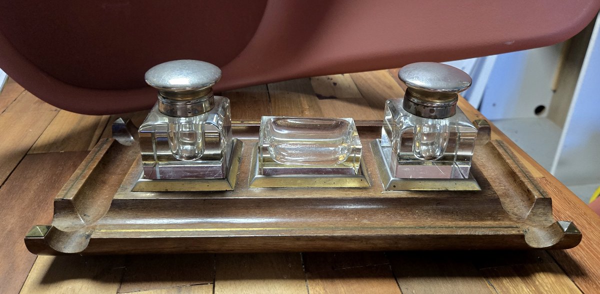 Encrier Anglais en acajou et filets de laiton doré -photo-7