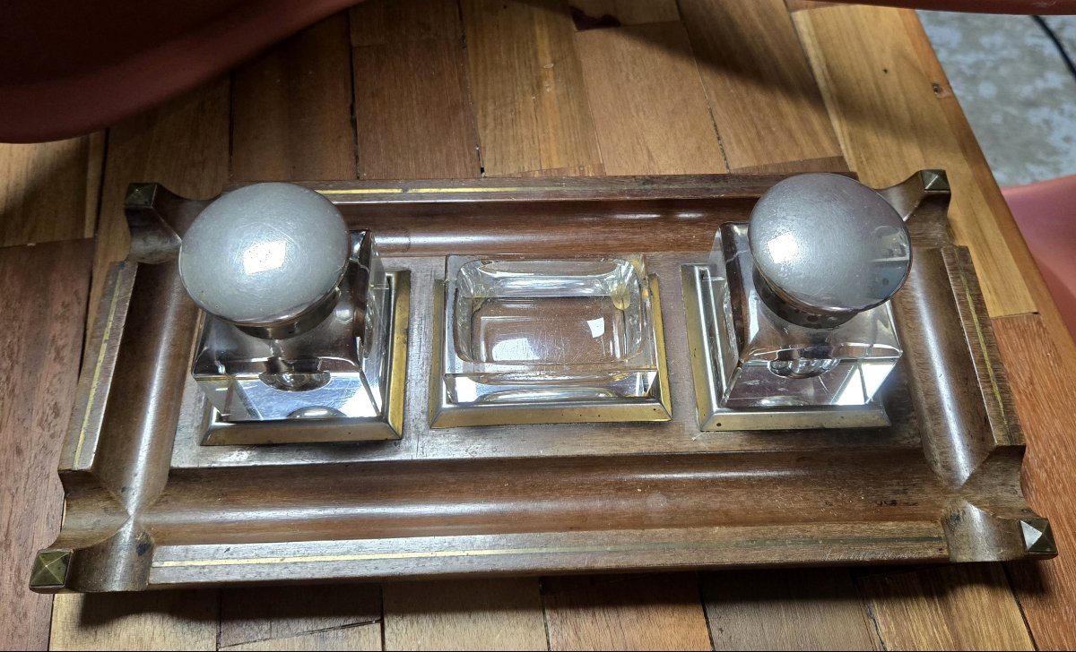 Encrier Anglais en acajou et filets de laiton doré -photo-8