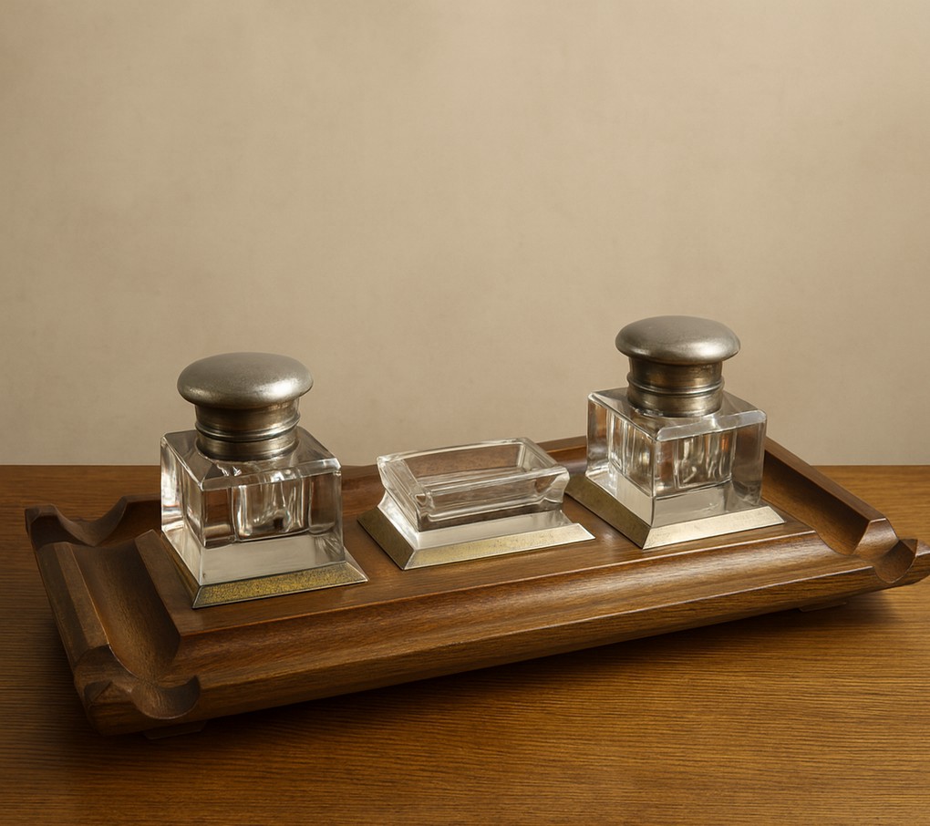 Encrier Anglais en acajou et filets de laiton doré 